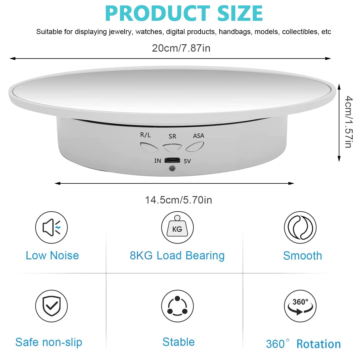 Supvox 1Pcs Rotating Display Stand with Mirror Finish, USB Charge 360 Degree Rotating Turntable, 20CM/Load 8KG, Multi-Functional Rotary Table for Photography, Jewelry, Cake (Without Battery) Supvox 1Pcs Rotating Display Stand with Mirror Finish, USB Charge 360 Degree Rotating Turntable, 20CM/Load 8KG, Multi-Functional Rotary Table for Photography, Jewelry, Cake (Without Battery)